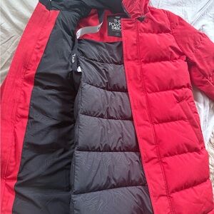 Aritzia TNA Powder Parka, mid-length goose down, red, size medium